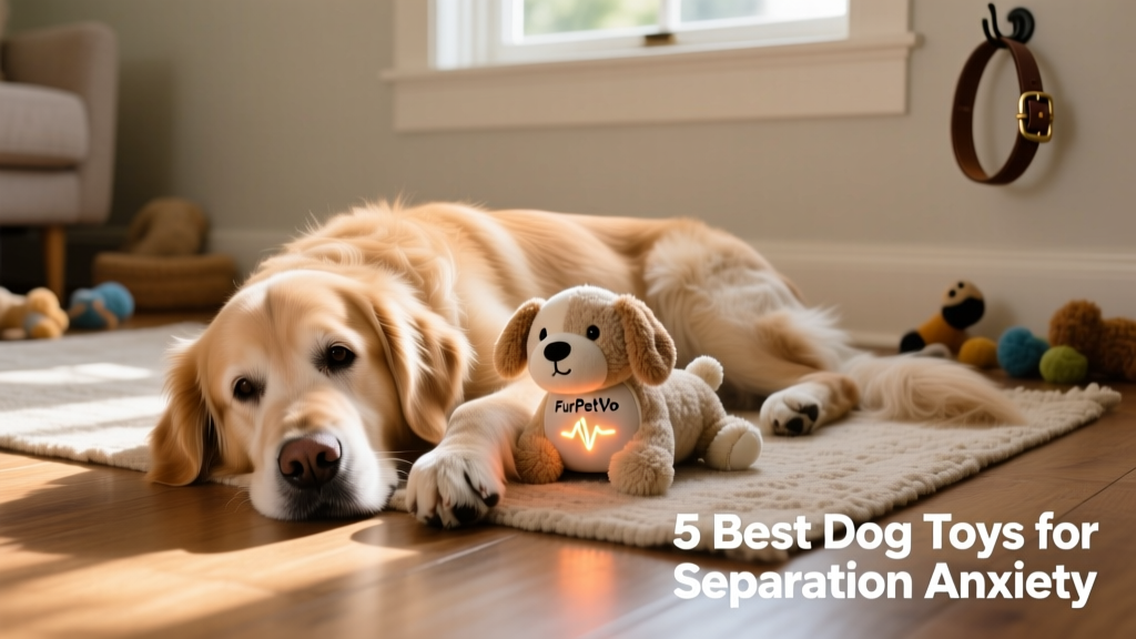 A senior dog resting peacefully beside a FurPetVo Snuggle Puppy toy with heartbeat and warmth features activated