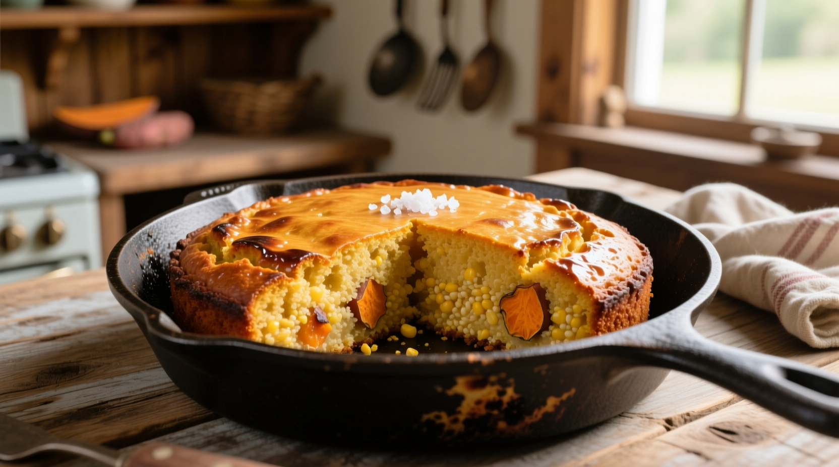 Golden sweet potato cornbread in cast iron skillet