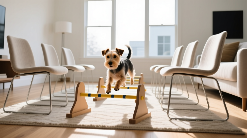 Small terrier navigating a homemade agility weave pole course made from kitchen chairs in a living room
