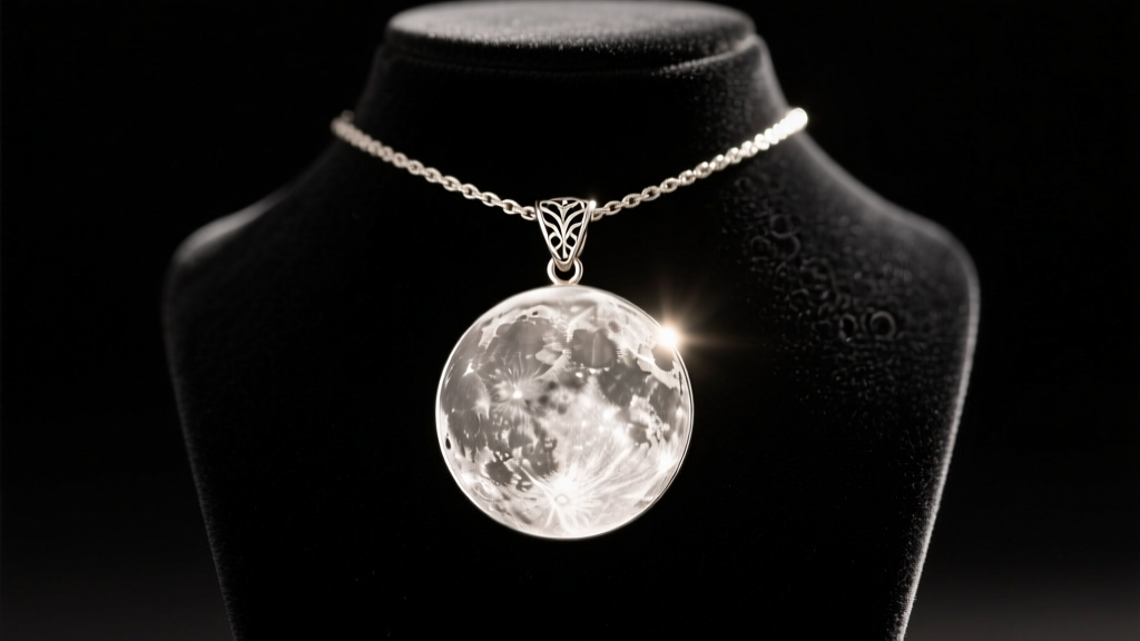Restored sterling silver full moon pendant glowing against a black velvet jewelry bust under warm, directional studio lighting