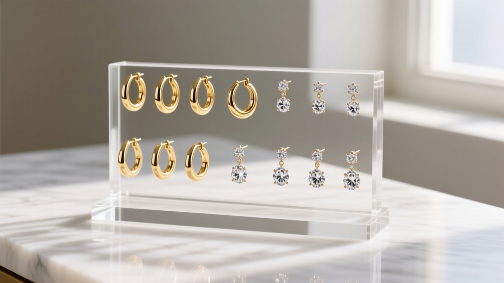 Clear acrylic earring organiser on marble holding 18k gold huggies and diamond drop earrings illuminated by soft natural lighting.