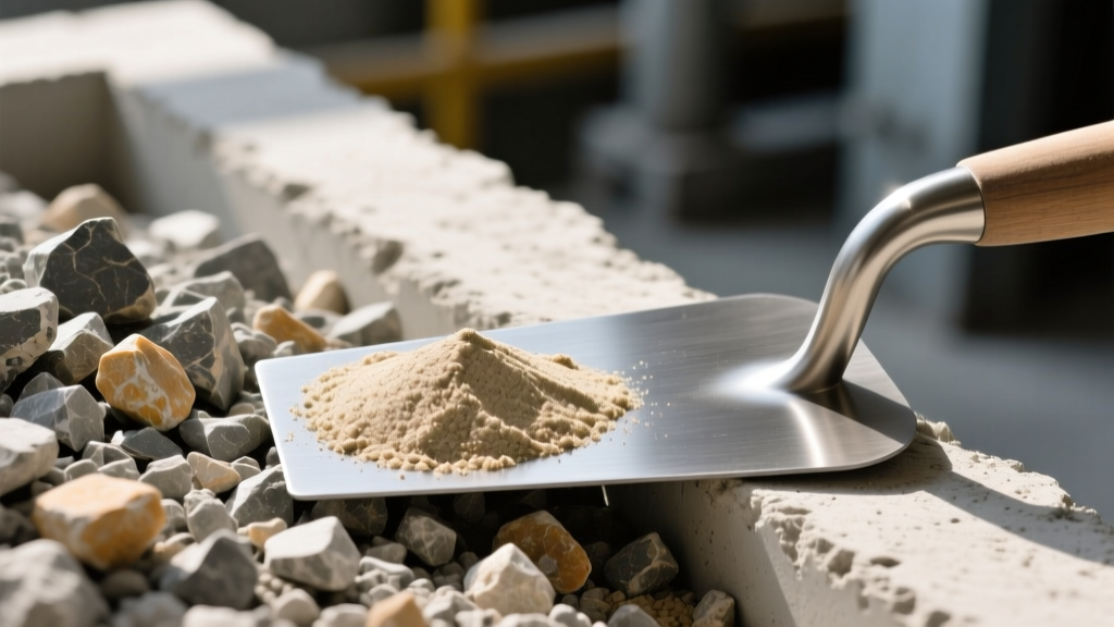 Close-up of coarse aggregate concrete and fine masonry mortar side-by-side on a steel trowel, highlighting gravel and sand textures.