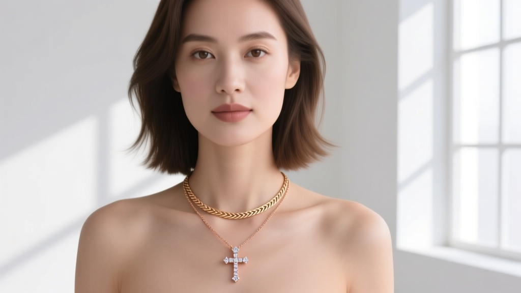 A woman wearing a layered stack with a 12mm rose gold petite diamond cross necklace paired with a simple gold herringbone chain.