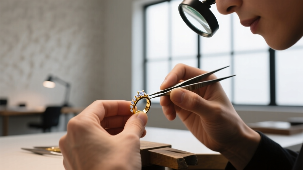 A jeweler's workbench showing a 14k gold cross pendant being fitted with a custom weighted pendant slide to prevent chain spinning