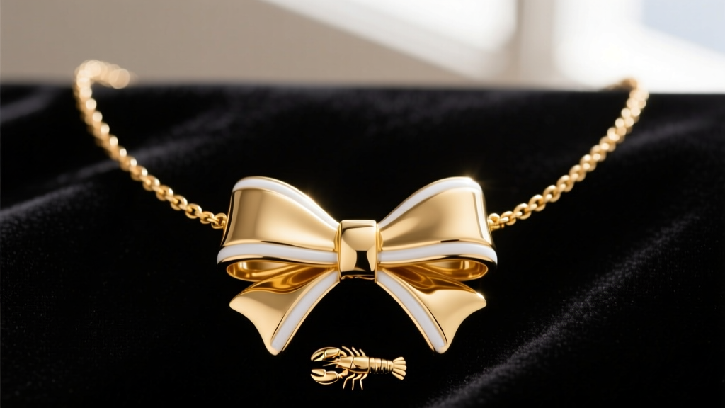 Close-up of a gold-plated Kate Spade bow necklace on black velvet, highlighting crisp white enamel lines and a small lobster clasp