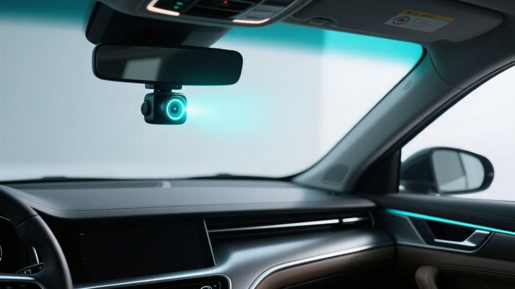 Interior view showing a discreet cabin-facing dash cam lens illuminating the car with infrared night vision technology.