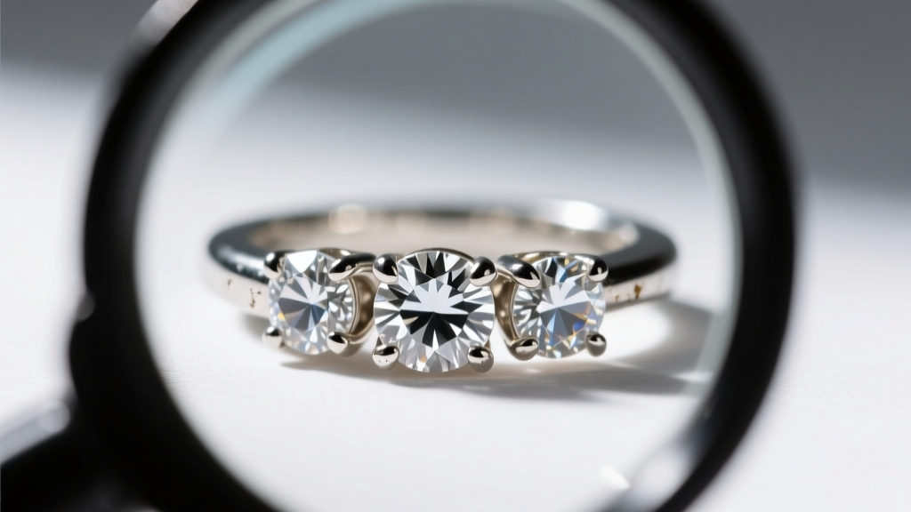 Close-up of a 10x loupe examining the prongs on a three-stone diamond earring, showing metal wear on the white gold setting.