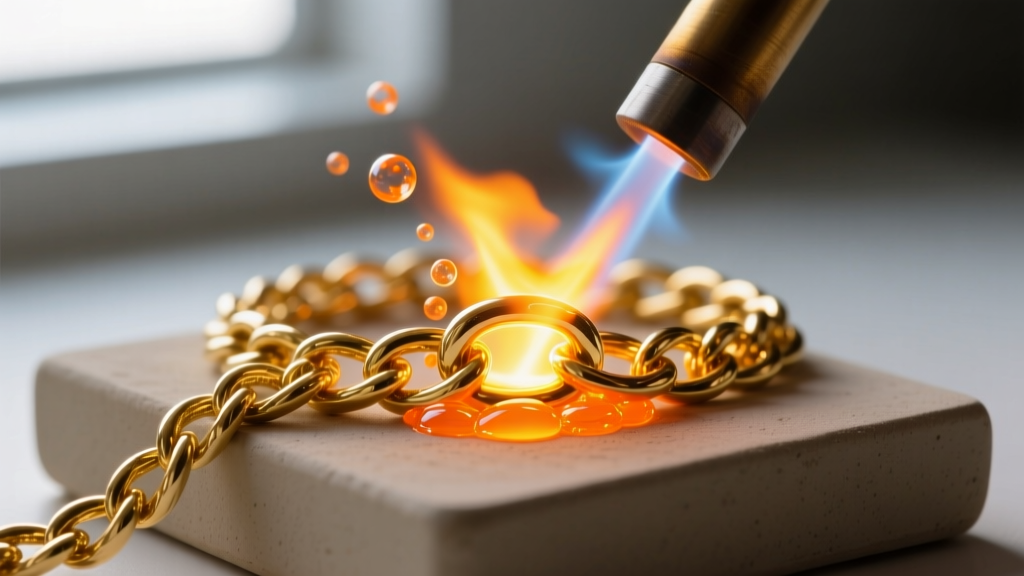 Close-up of a jewelry torch heating a broken 14k gold rope chain link on a ceramic soldering block with bright orange flux applied.