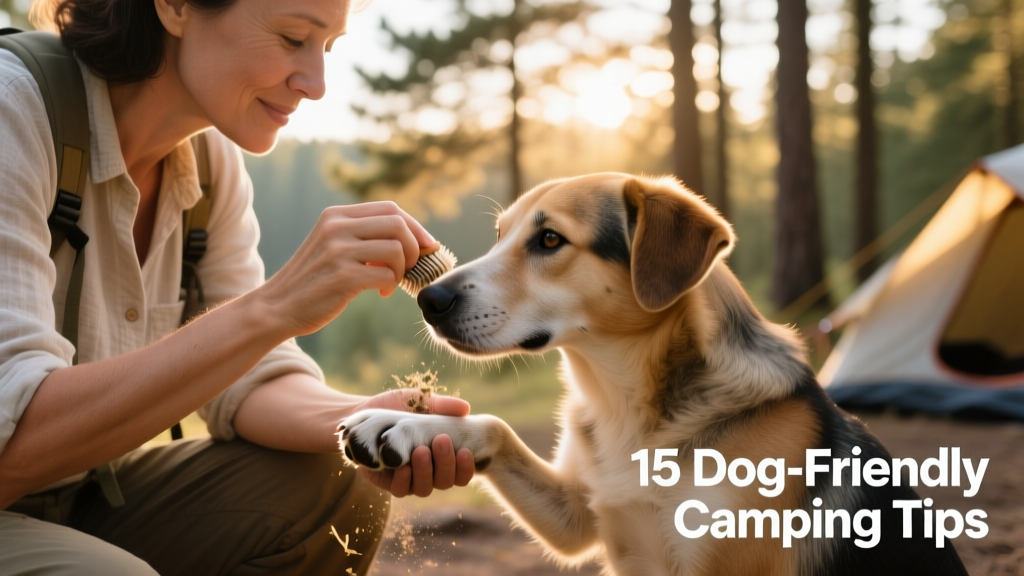A close-up of a person gently checking a dog's ear and brushing debris from its paw after a day outdoors