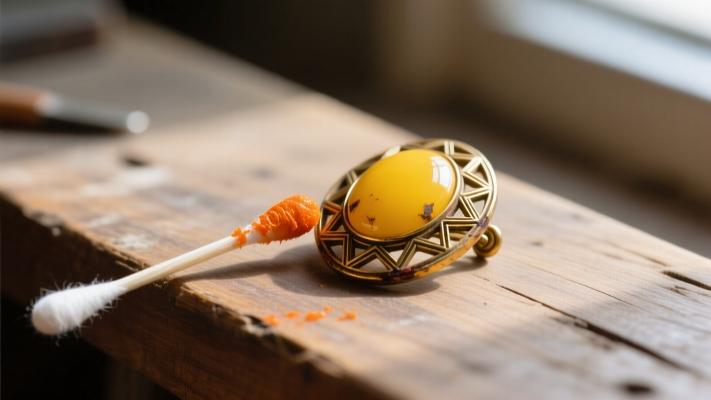 Cotton swab with bright orange Simichrome polish residue after testing a yellow antique bakelite brooch on a wooden workbench.