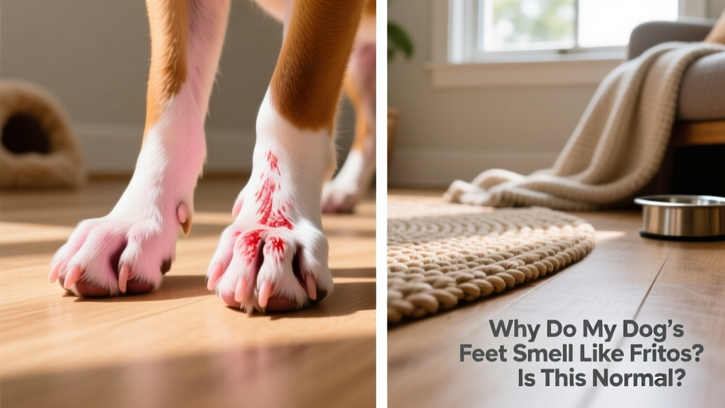 Side-by-side comparison: healthy pink paw pads versus inflamed, reddened pads with visible irritation