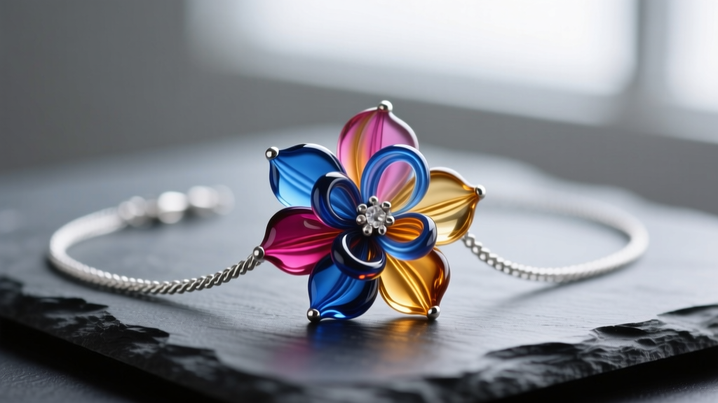 Close-up of a vibrant lampwork glass flower pendant necklace with a sterling silver cable chain resting on a dark slate surface.