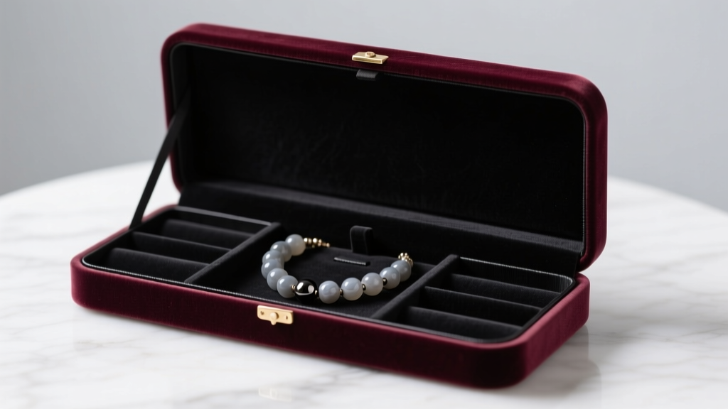 Open velvet jewelry box with individual compartments and anti-tarnish strips, storing a beaded grey agate and hematite necklace