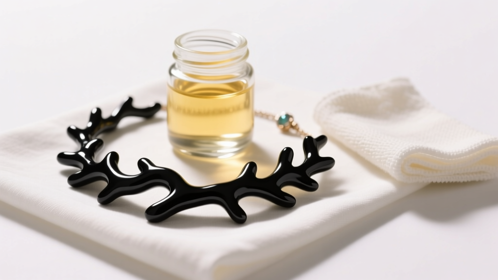Polished black coral necklace on white linen beside a jar of mineral oil and a microfiber cloth under warm, even studio lighting.