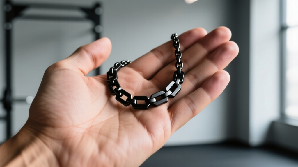 Close-up of a matte black titanium weight training necklace resting safely on a lifter's chest above a steel barbell under gym lights.
