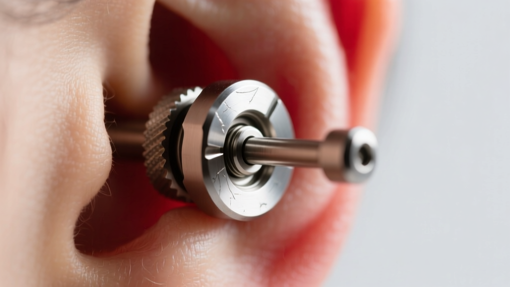 Macro shot of a titanium friction butterfly clutch on a 20-gauge post, highlighting the tight grip and mild earlobe redness.
