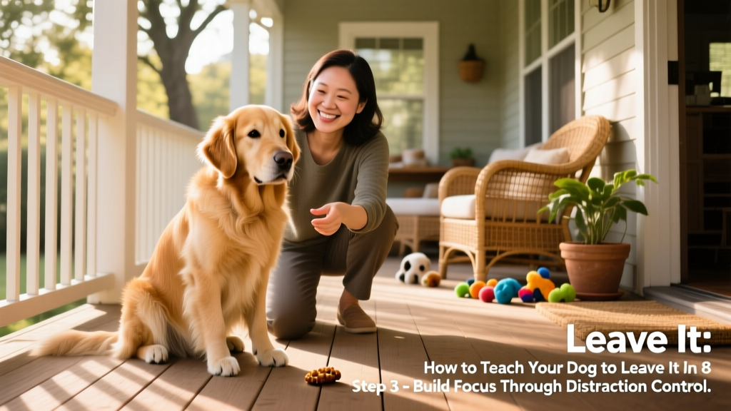 A dog sitting calmly beside their owner while ignoring a treat placed on the floor nearby, demonstrating successful 'leave it' behavior during real-world practice