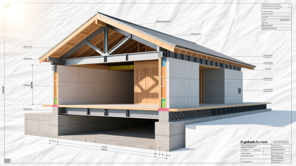Cross-section architectural blueprint showing load paths from roof trusses through walls into a reinforced concrete slab foundation