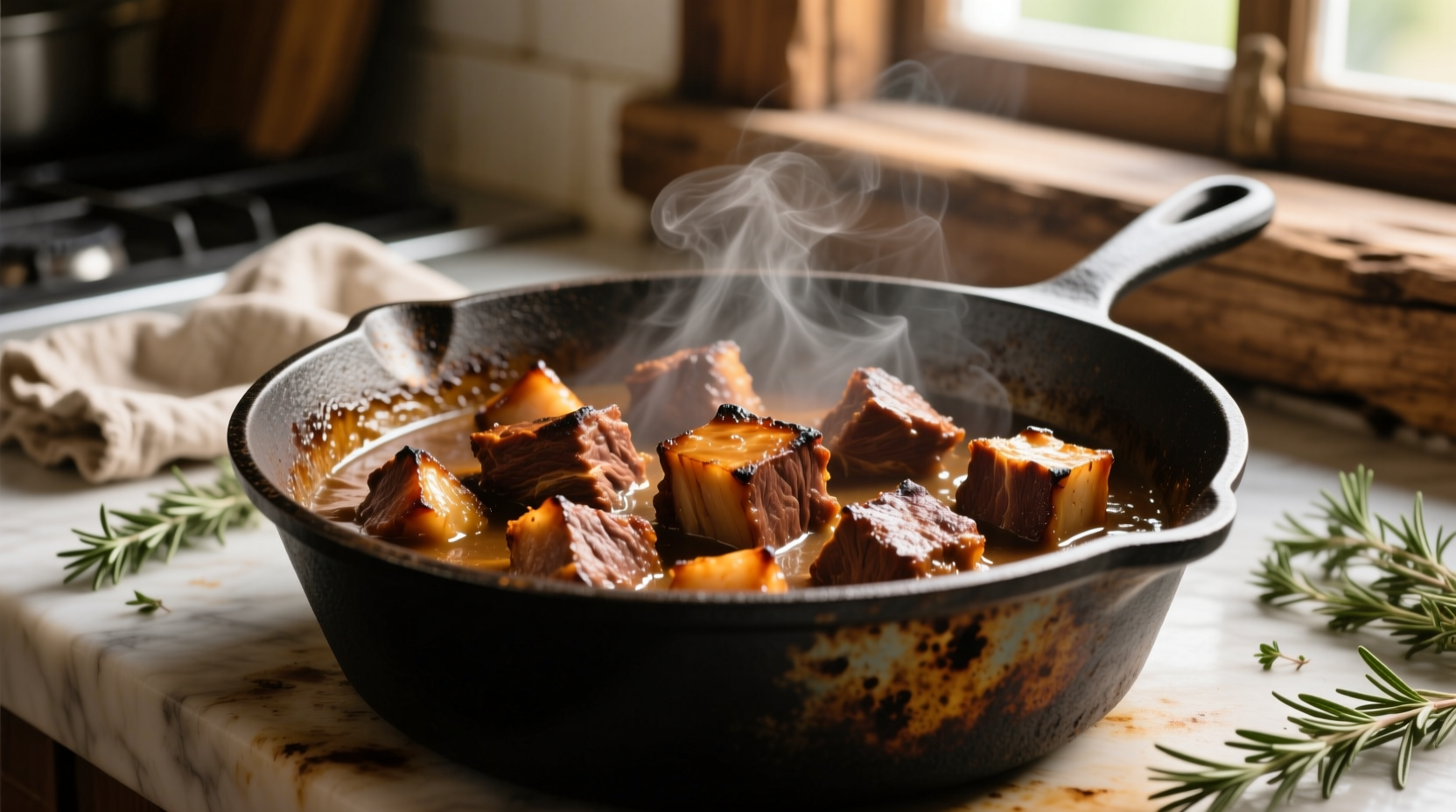Perfectly browned stew meat cubes in cast iron pot