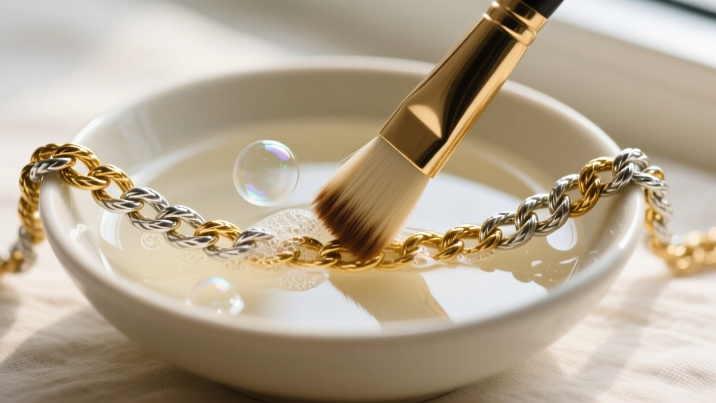 Soft brush cleaning a mixed metal gold and silver rope chain in a bowl of warm soapy water under bright, diffused natural daylight