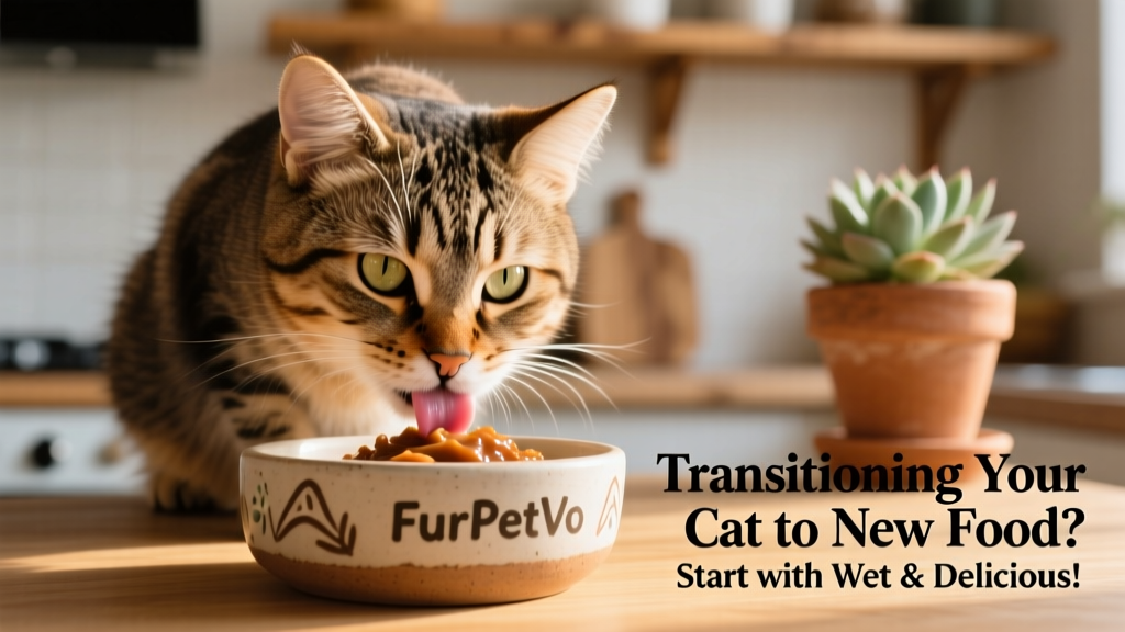 Close-up of a cat happily licking FurPetVo wet food from a shallow ceramic bowl