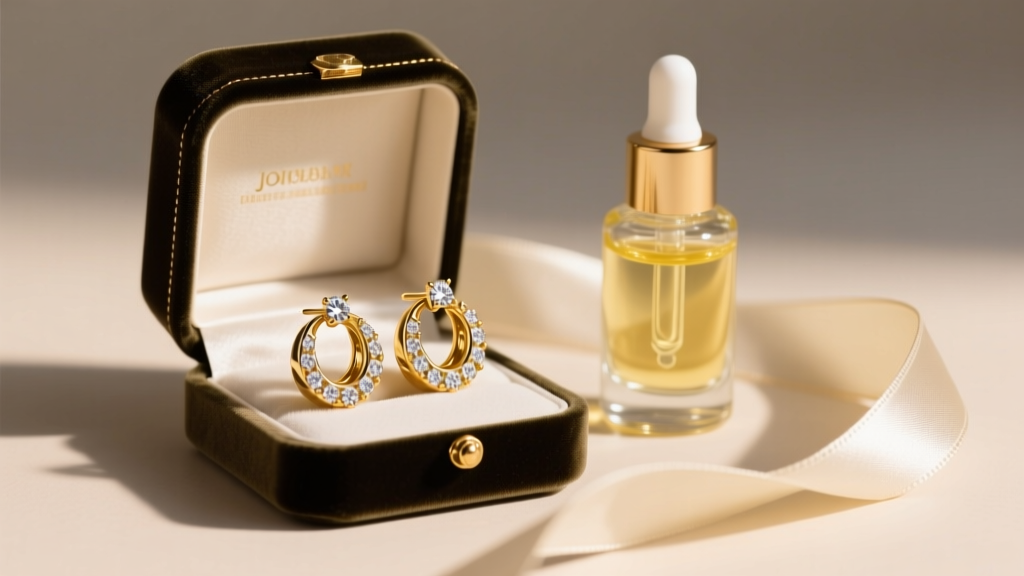 Open velvet box displaying 18k gold diamond huggie earrings, placed beside a small glass bottle of jojoba oil and a silk ribbon.