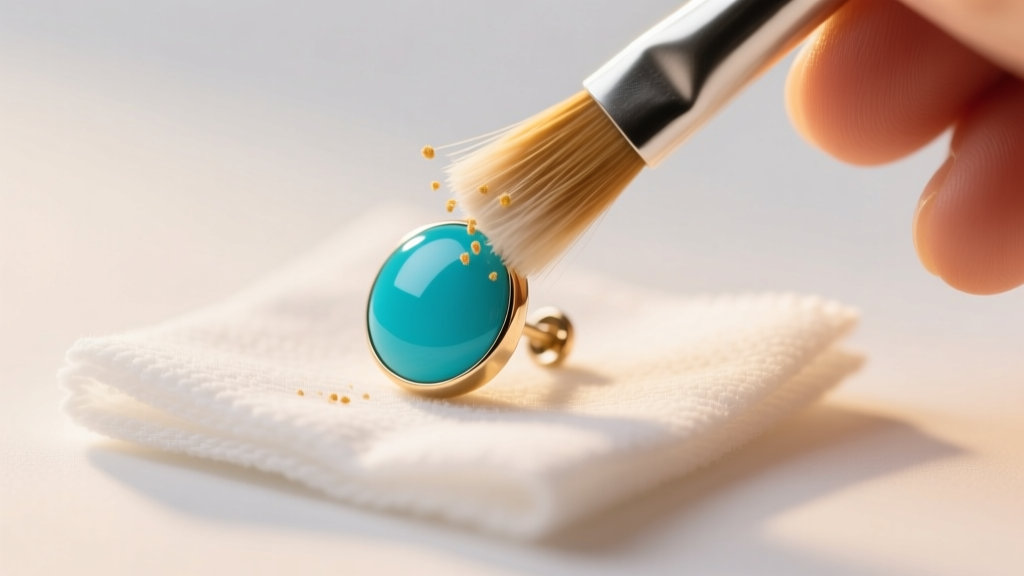 Soft brush cleaning a turquoise blue stud earring with mild soapy water on a microfiber cloth under bright, warm studio lighting.