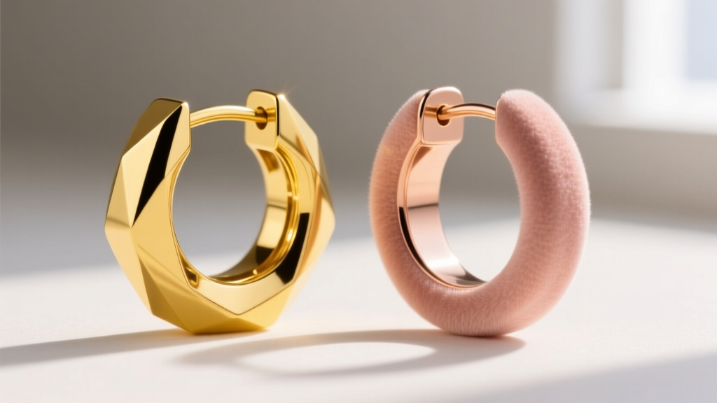 Macro shot comparing a polished 14k yellow gold hoop earring next to a softer 18k rose gold hoop, highlighting color contrast