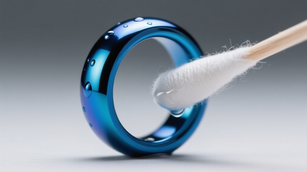 Macro shot of a blue anodized titanium septum ring gently wiped with a damp cotton swab under bright, diffused studio lighting.