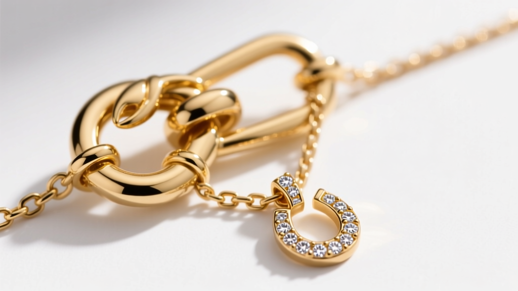 Close-up of a 14k gold lobster clasp on a 1.2mm box chain, securing a small diamond-accented horseshoe good luck charm pendant.