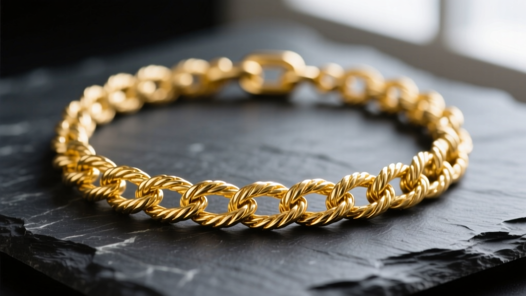 Close-up of an 18k yellow gold rope chain necklace on dark slate, showing the twisted link geometry and high-polish finish