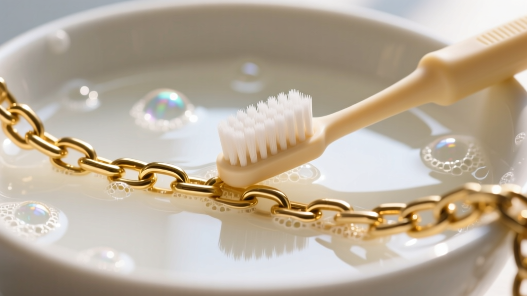 Close-up of a soft baby toothbrush gently scrubbing the crevices of a thick gold vermeil chain link in a bowl of mild soapy water