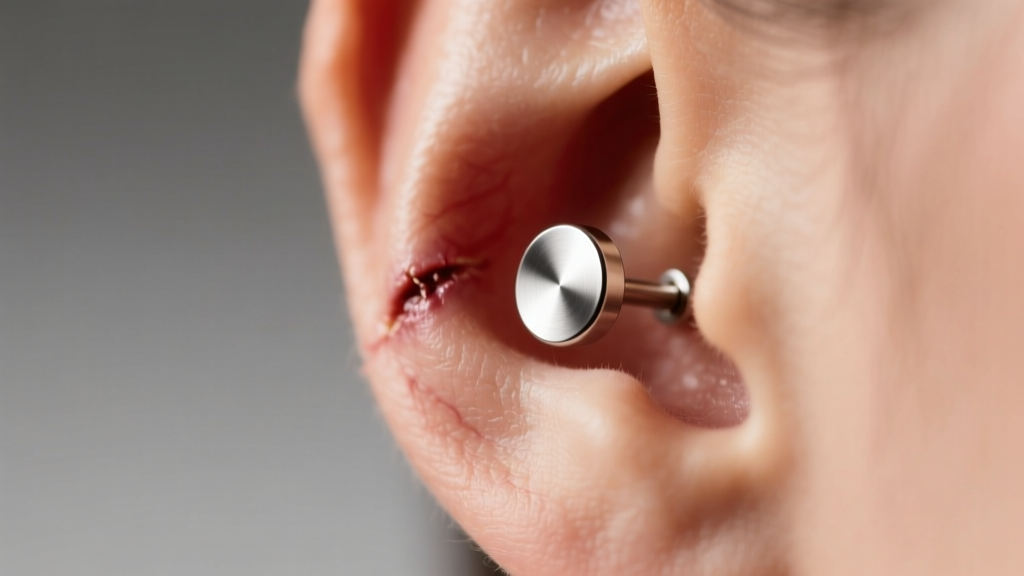 Macro shot of a healed earlobe piercing wearing a minimalist titanium flat back stud, illuminated by soft, warm studio lighting.