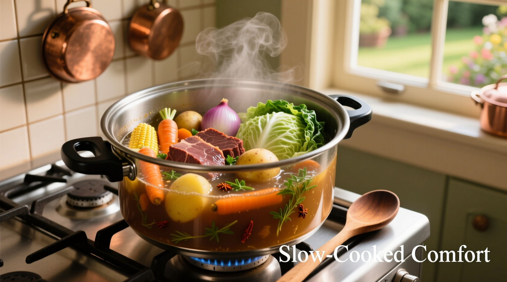 Corned beef in pressure cooker with vegetables