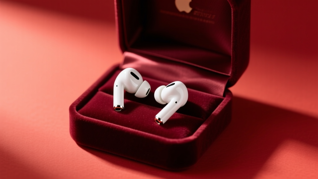 White resin novelty earrings shaped like Apple AirPods inside a velvet gift box on a red background with soft warm lighting