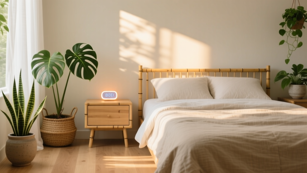 A serene, sunlit eco-friendly bedroom featuring bamboo nightstands, a low-energy smart clock, and lush indoor air-purifying plants.