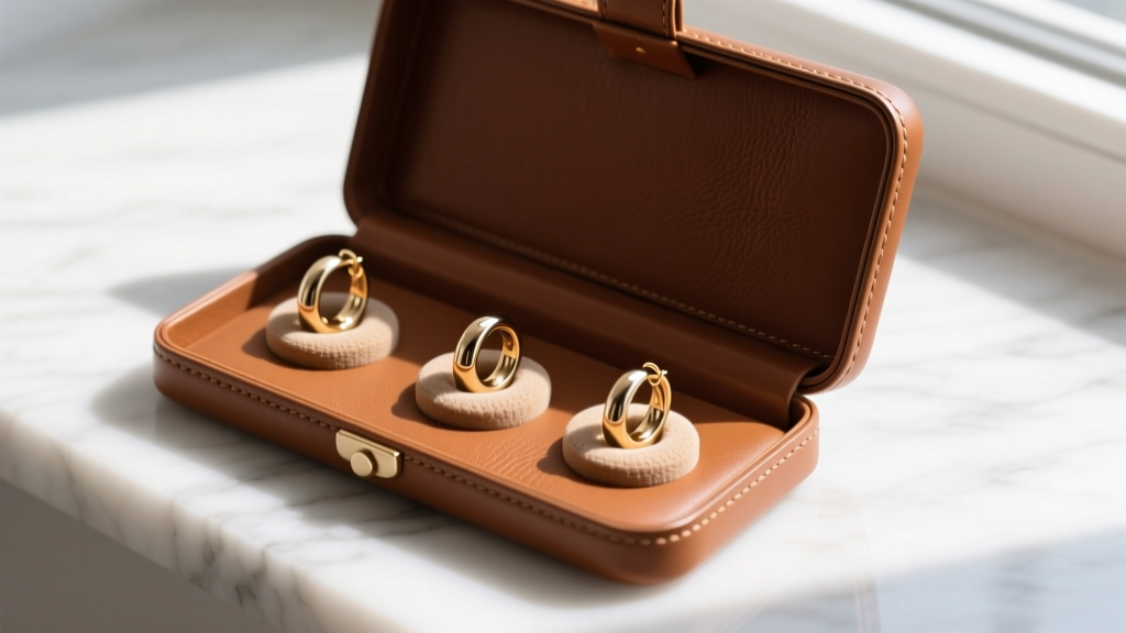 Open leather travel case for pierced earring storage with silicone grip pads holding delicate 14k white gold huggie hoops safely