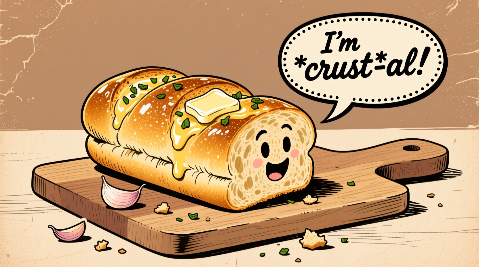 Vintage illustration of garlic bread with humorous speech bubble