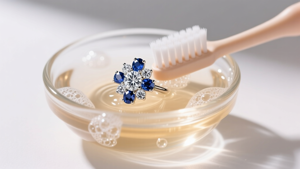 Small glass bowl with warm soapy water and a soft baby toothbrush gently cleaning a delicate diamond and sapphire cluster earring