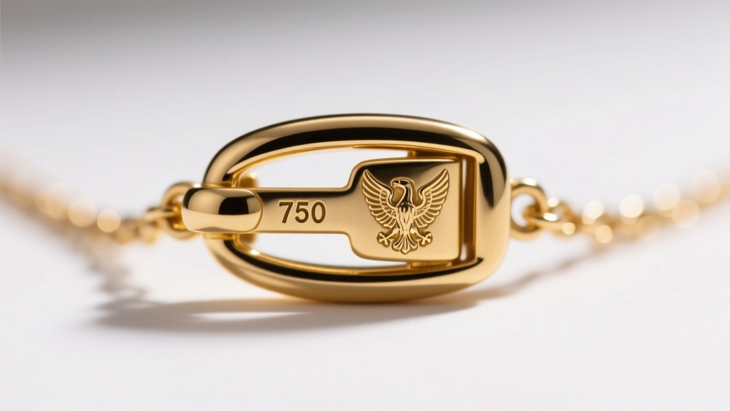 Macro shot of a vintage gold necklace clasp showing a tiny 750 purity stamp and French eagle hallmark under bright jeweler's light
