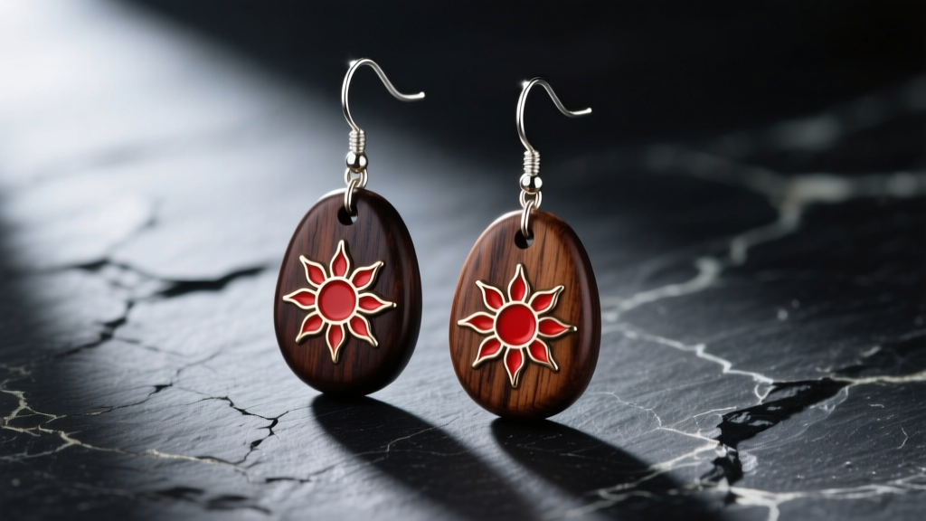 Macro shot of Japanese Hanafuda drop earrings with red sun motifs on wooden pendants, resting on a dark textured slate surface.