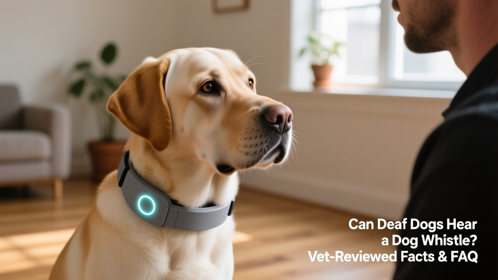 Close-up of a calm, attentive deaf dog wearing a vibrating collar, looking toward its handler