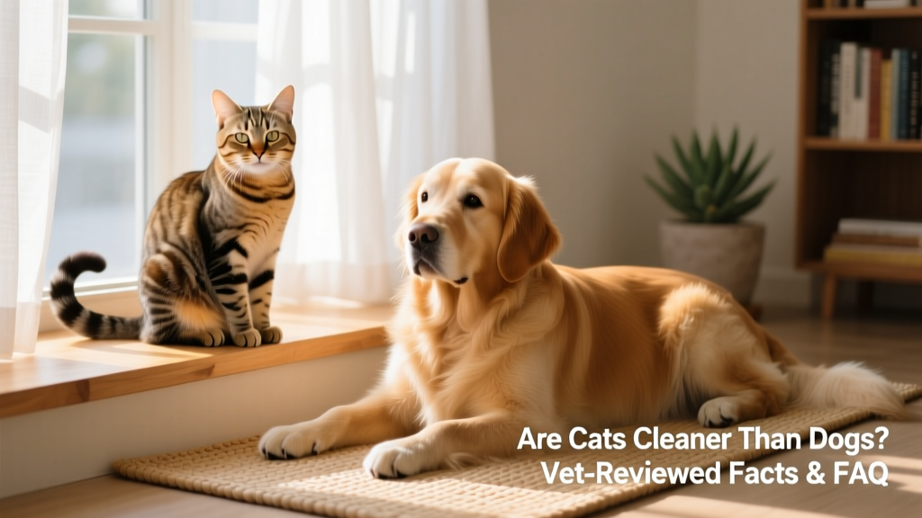 Happy, relaxed cat sitting neatly on a sunlit windowsill next to a calm, well-groomed dog resting on a clean woven mat