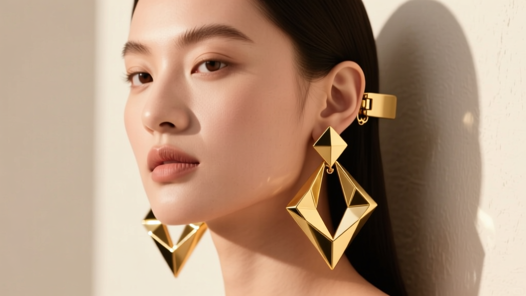 Model wearing large gold electroformed geometric clip-on earrings, showing the padded back resting comfortably against the earlobe