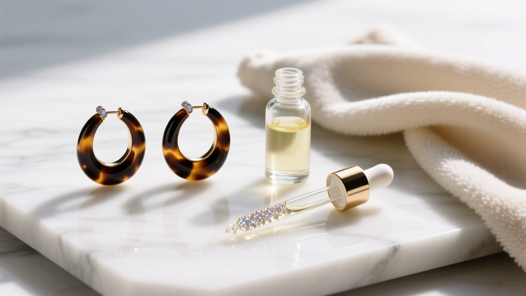 Tortoiseshell hoops, mineral oil dropper, and soft cloth on white marble, styled for an elegant jewelry care routine.