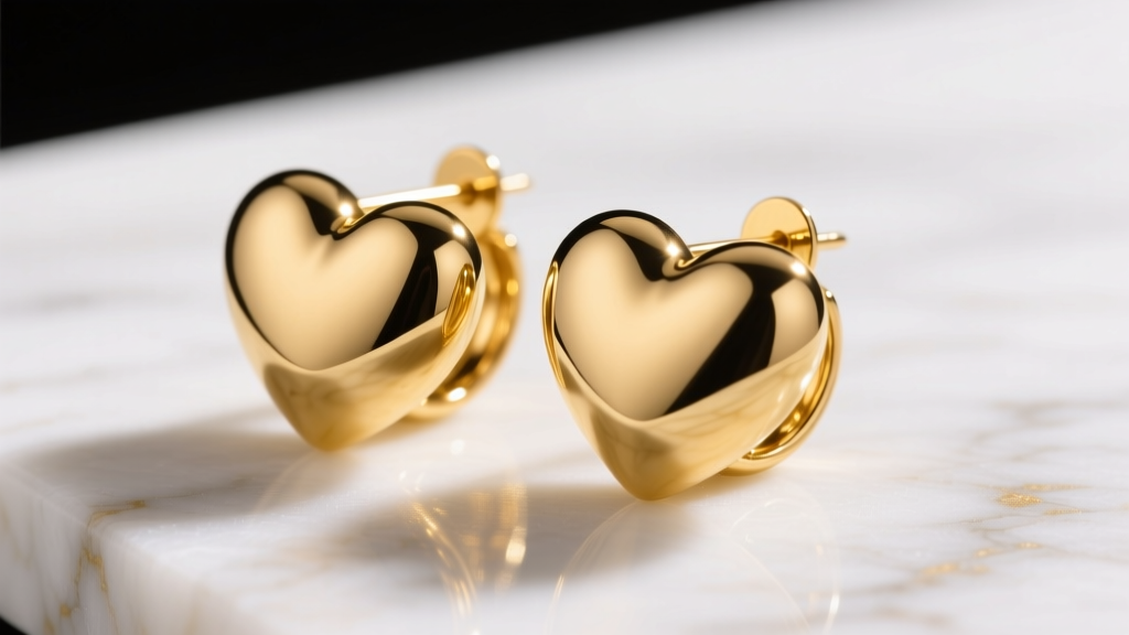 Macro shot of 14k yellow gold puffy heart earrings on white marble, reflecting warm studio light across the curved metal surface.