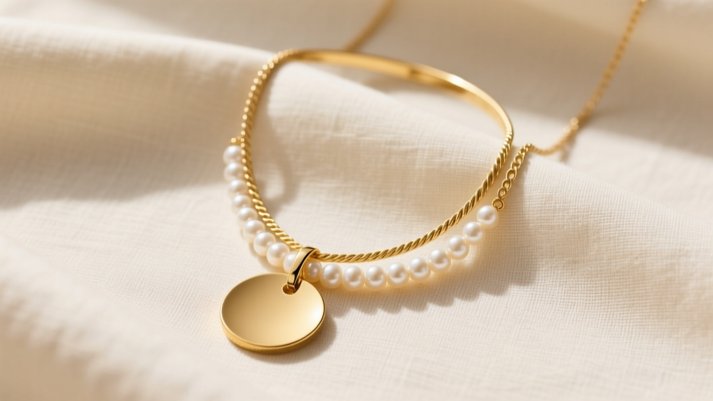 Gold disc pendant necklace layered with a pearl choker and rope chain on cream linen, captured from above in soft, even lighting.