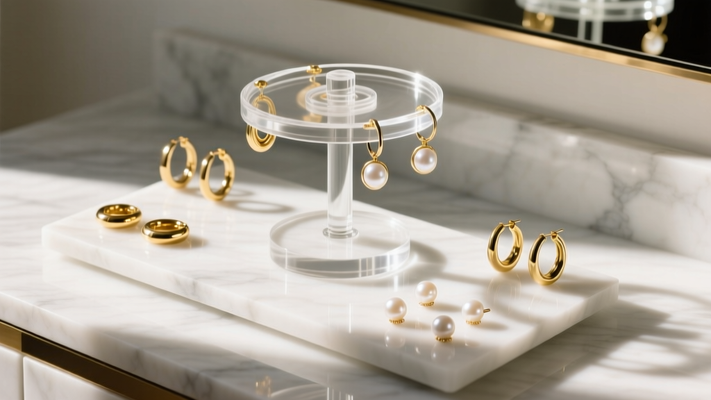 Clear cast-acrylic spinning earring holder on a white marble vanity, loaded with gold hoops and pearl studs in soft morning light.