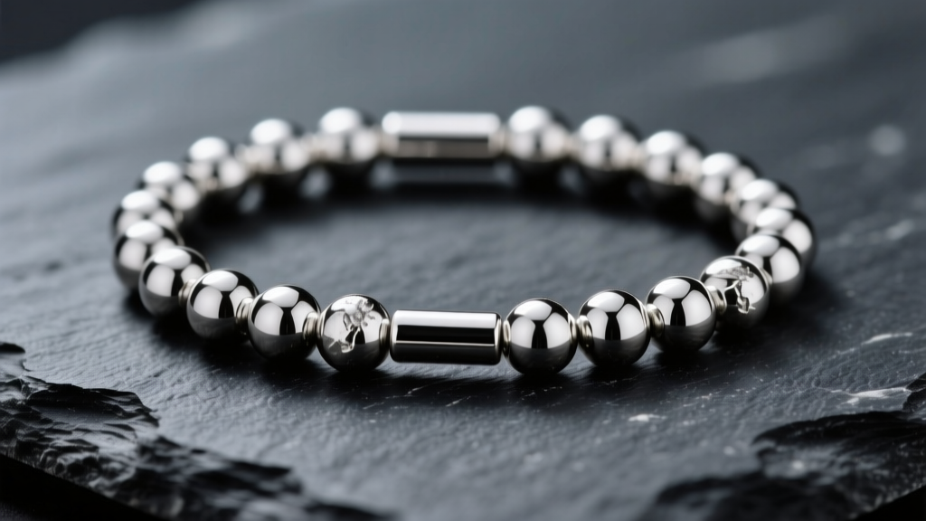 Macro shot of a 2.4mm sterling silver ball chain on dark slate, showing metallic bead reflections and tube connectors.