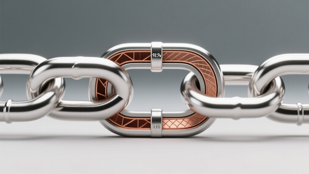 3D render of a 14-gauge sterling silver curb chain link cross-section, highlighting the 92.5 percent silver and copper alloy core.
